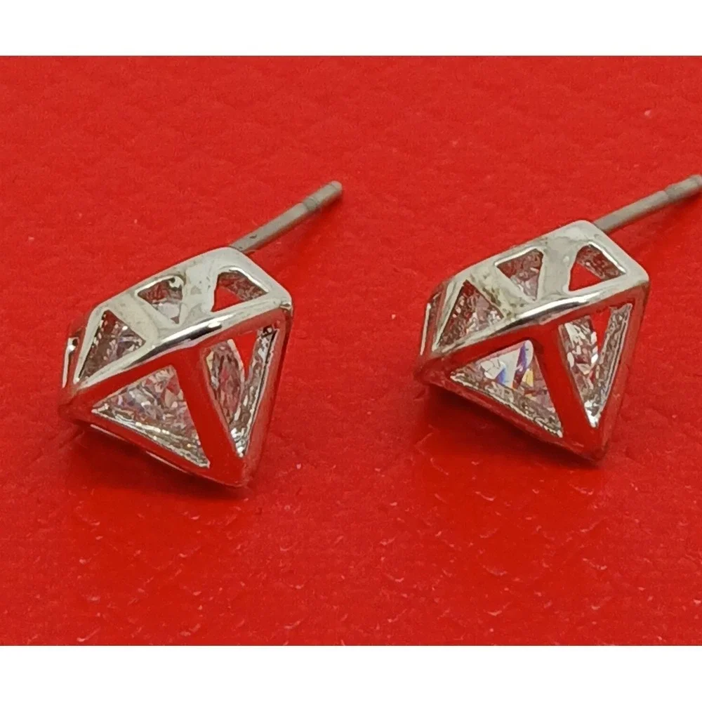 Vintage 90s Silver Tone Geometric‎ Diamond Cage Stud Earrings Clear Stone New